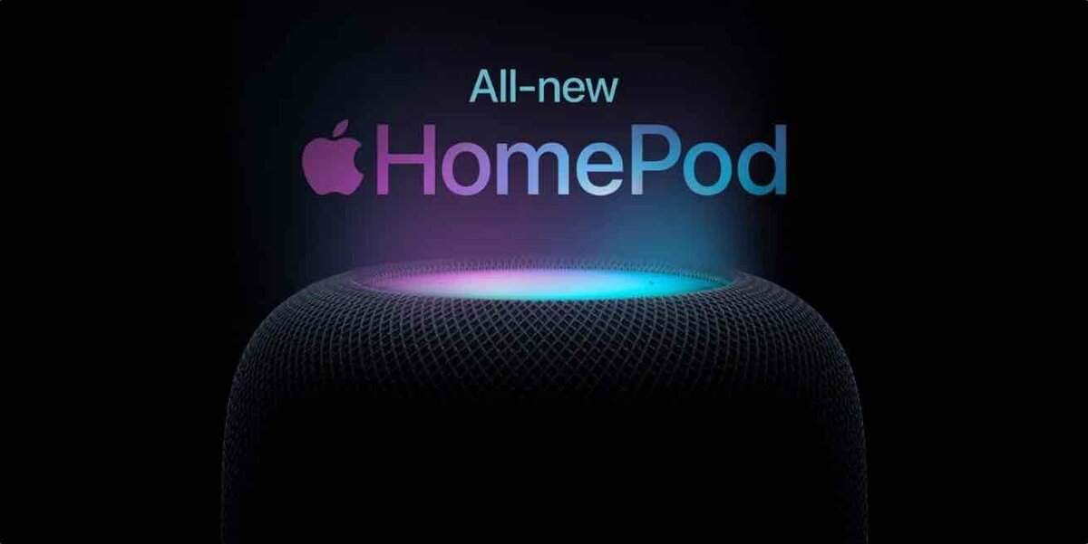 上部のタッチサーフェス全体がカラフルに光り、Siriの起動や音楽再生の状態を示す第2世代HomePod。シームレスなメッシュ生地と「All-new HomePod」のロゴが特徴