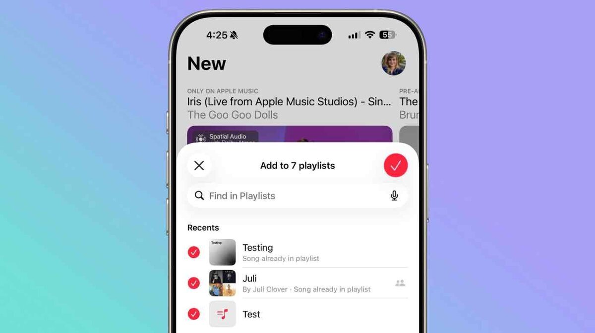 iPhoneのApple Music画面で、楽曲を「Add to 7 playlists」と表示されたシートから複数のプレイリストに同時追加している様子。検索バーと最近のプレイリスト一覧、チェックマークが表示されている
