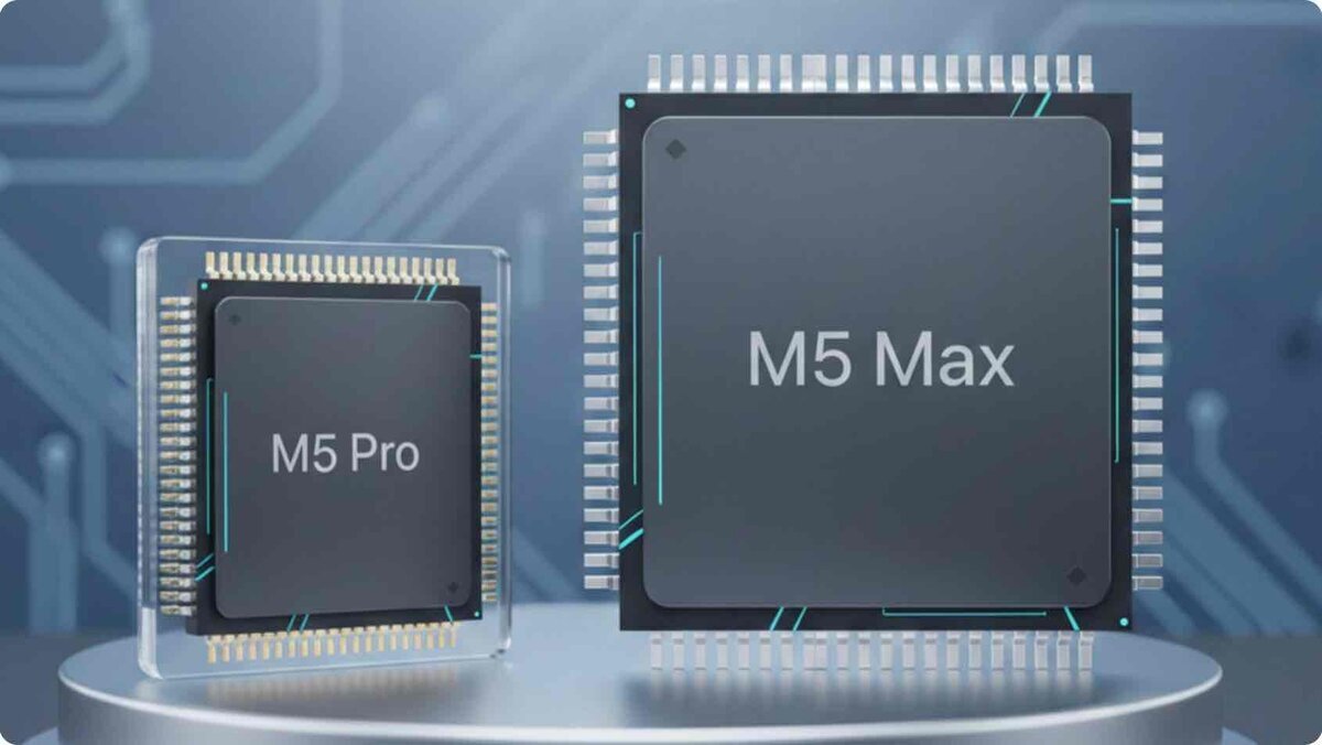 左側に小型のM5 Proチップ、右側に大型のM5 Maxチップが並んだApple独自開発プロセッサのレンダリングイメージ