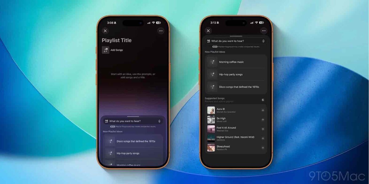 Apple Musicの「Playlist Playground」画面を表示したiPhone 2台のスクリーンショット。左はプレイリスト作成画面、右はAIによるプレイリスト提案と楽曲候補一覧が表示されている