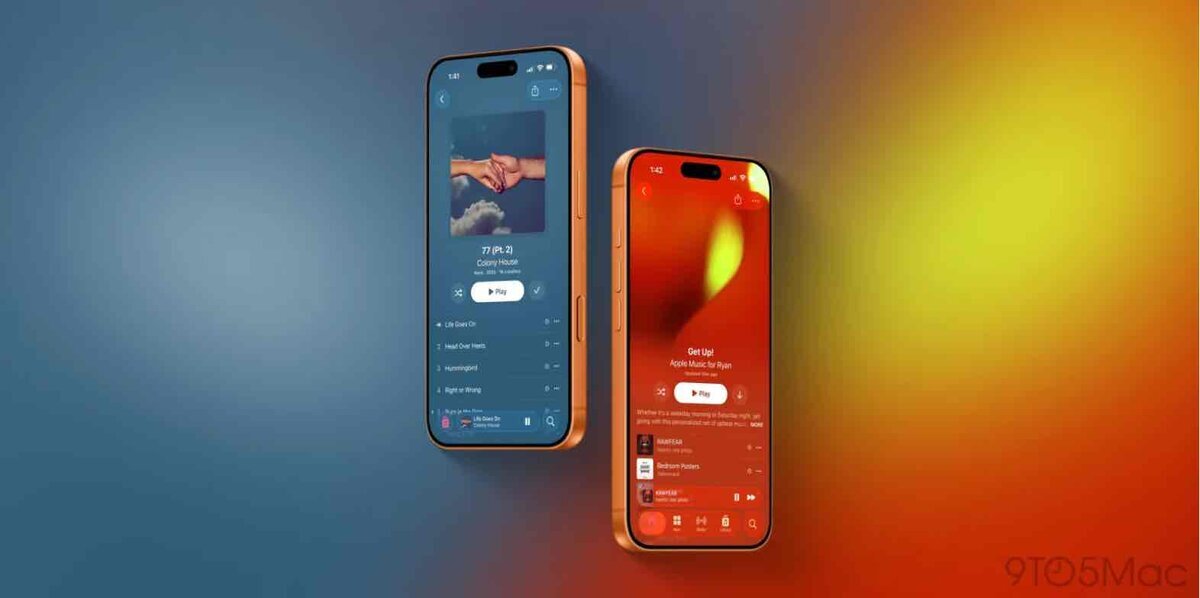 iOS 26.4のApple Music新デザインを表示したiPhone 2台のイメージ。左は青系背景のアルバム再生画面、右は赤系グラデーションのプレイリスト再生画面で、アートワークに合わせたフルスクリーンUIが強調されている