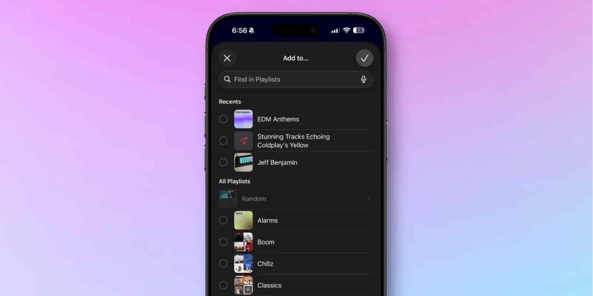 Apple Musicの「Add to…」画面を表示したiPhoneのスクリーンショット。検索バーと最近使ったプレイリスト、すべてのプレイリスト一覧が表示され、複数のプレイリストを選択できるUIになっている