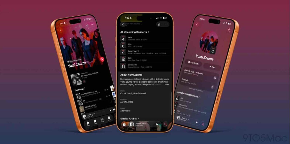 Apple Musicのアーティストページに表示されたコンサート情報機能のイメージ。3台のiPhoneにYumi Zoumaのプロフィール、今後の公演一覧、チケット購入ボタンが表示されている
