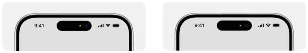 iPhoneの画面上部を並べた比較画像。Dynamic Island部分にオレンジと緑のプライバシーインジケーターが表示されている