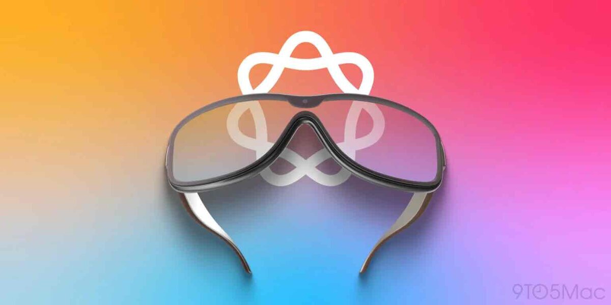 虹色のグラデーション背景に、Apple Intelligenceのロゴマークと、透過レンズを採用したスマートグラス(Apple Glass)のコンセプトデザイン
