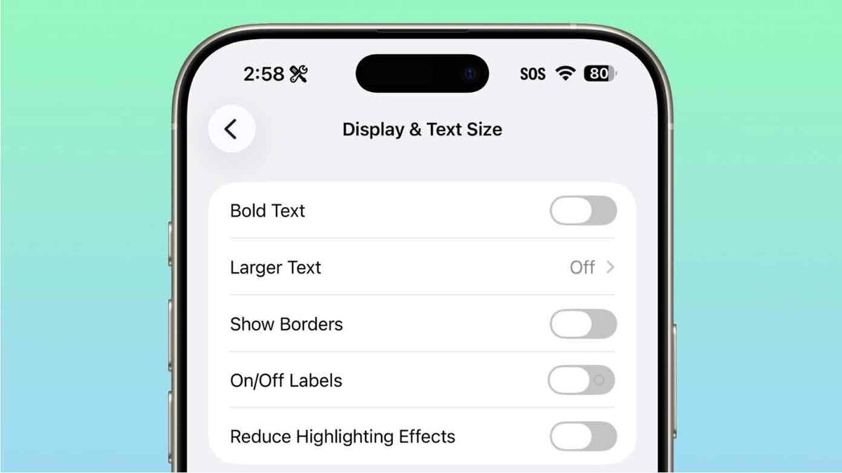 iPhoneの設定アプリ「Display & Text Size」画面。Bold TextやLarger Textなどの項目とともに、Reduce Highlighting Effectsのトグルが表示されている。