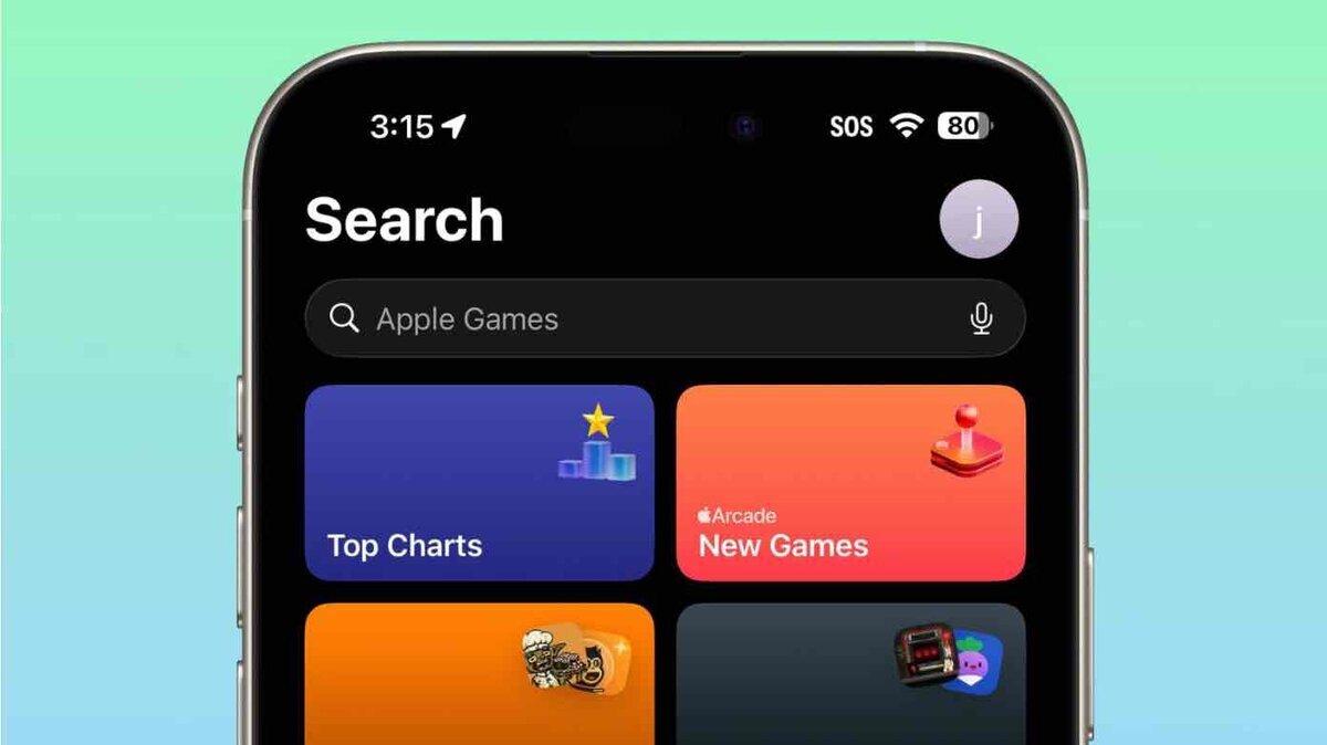 iPhoneのゲームアプリ内「Search」画面。上部に検索バーがあり、Top ChartsやNew Gamesなどのカテゴリカードが並んでいる