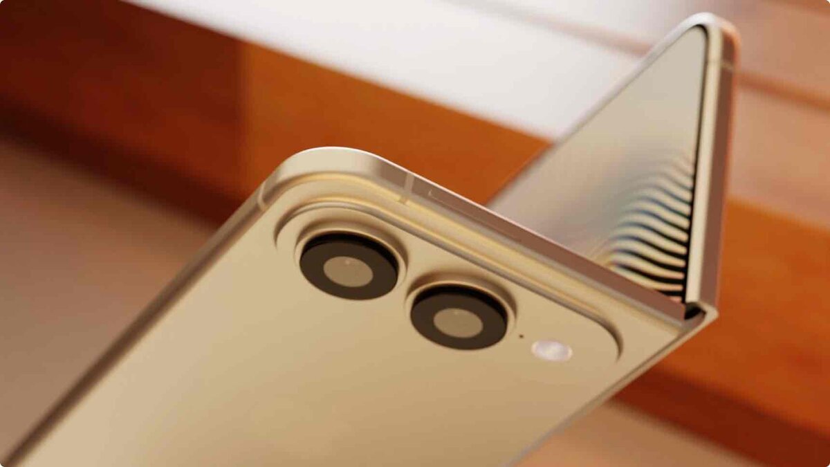 次世代iPhoneの折りたたみ機構を示すコンセプトデザイン。中央のヒンジ(蝶番)パーツによりディスプレイが内側に折りたたまれる構造と、カメラバンプの厚みを抑えたスタイリッシュな背面設計