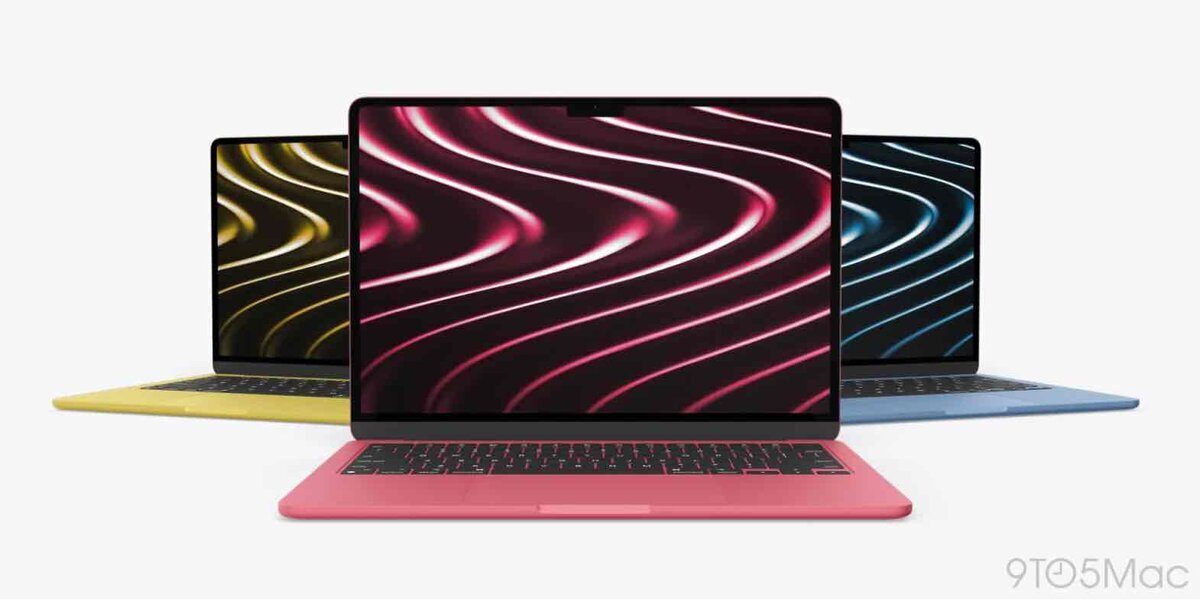 カラフルな3色のMacBookを正面から並べたイメージ。中央はピンク、左はイエロー、右はブルーで、ベゼルの細いディスプレイに抽象的な波模様の壁紙が表示されている。