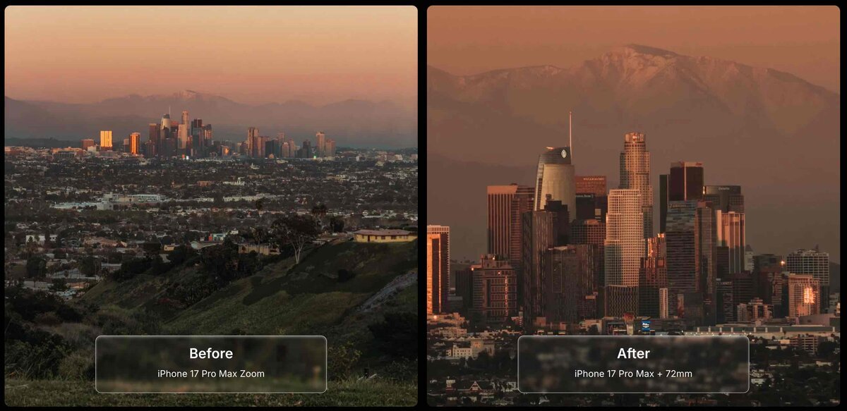 ロサンゼルスの夕景を比較した写真。左はiPhone 17 Pro Maxの標準ズーム、右は72mm外付けレンズ装着時で、ビル群がより大きく写っている様子