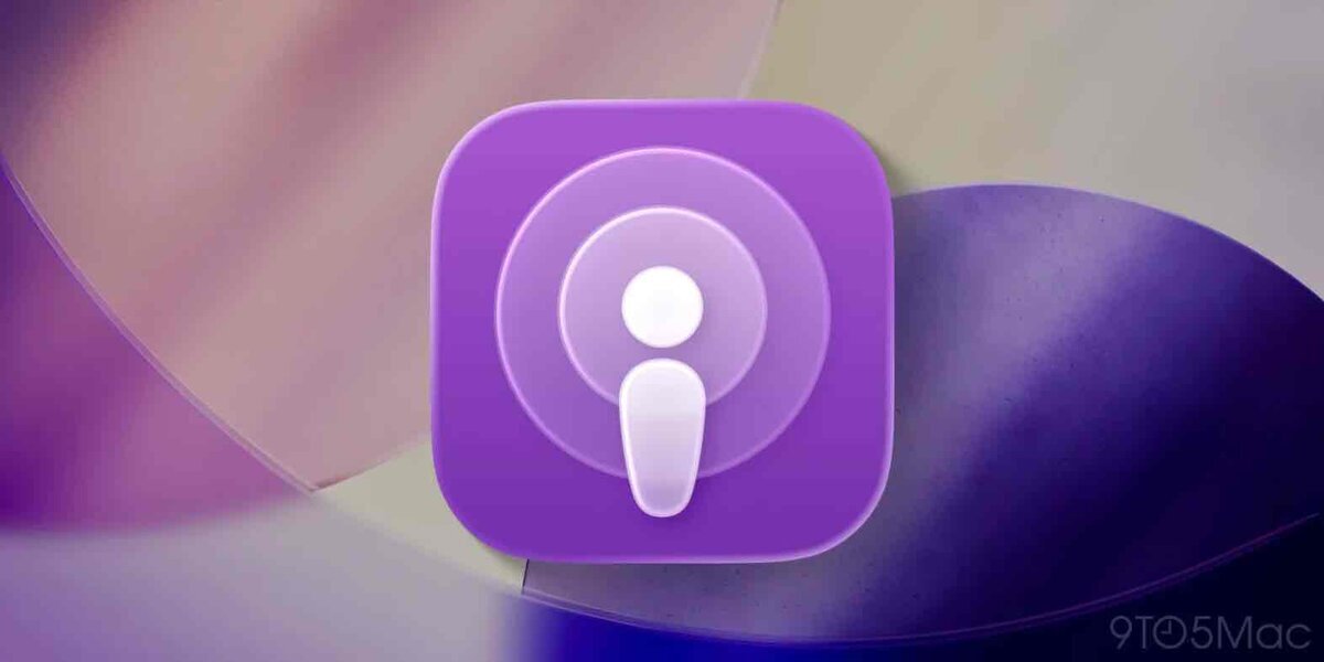 Apple Podcastsアプリのアイコンが、紫系の抽象的な背景の上に大きく表示されている画像