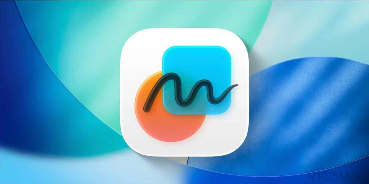 Freeformアプリのアイコンが、白い角丸四角の上に青い四角とオレンジの円、黒い波線が重なって表示されている画像