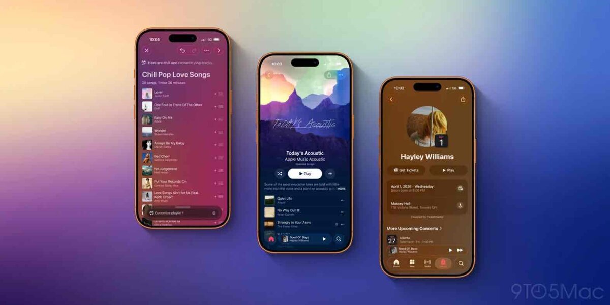 iPhoneの画面に表示されたApple Musicのプレイリスト、再生画面、アーティストのコンサート情報ページの表示例