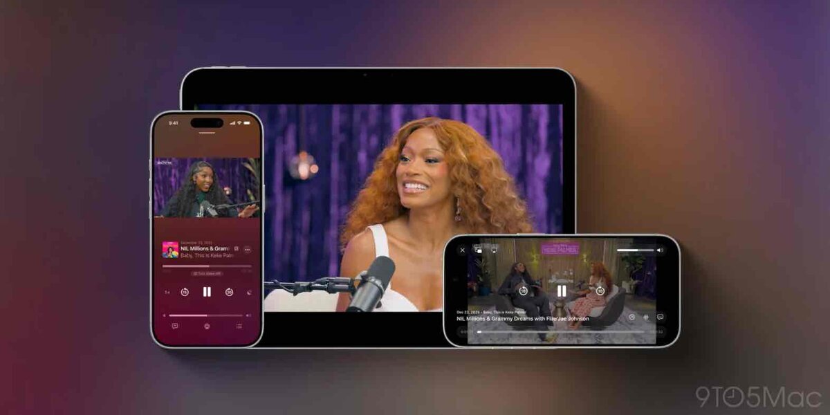 iPhone、iPad、横向きiPhoneの画面でApple Podcastsのビデオポッドキャストを再生している表示例