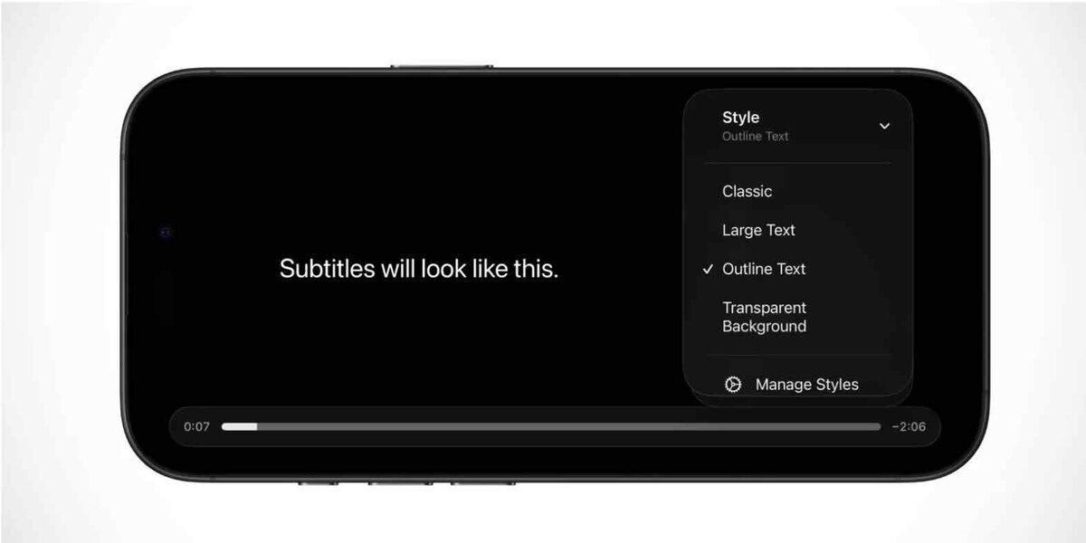 iPhoneの横向き画面でApple TVアプリの字幕スタイル設定メニューを表示している画面
