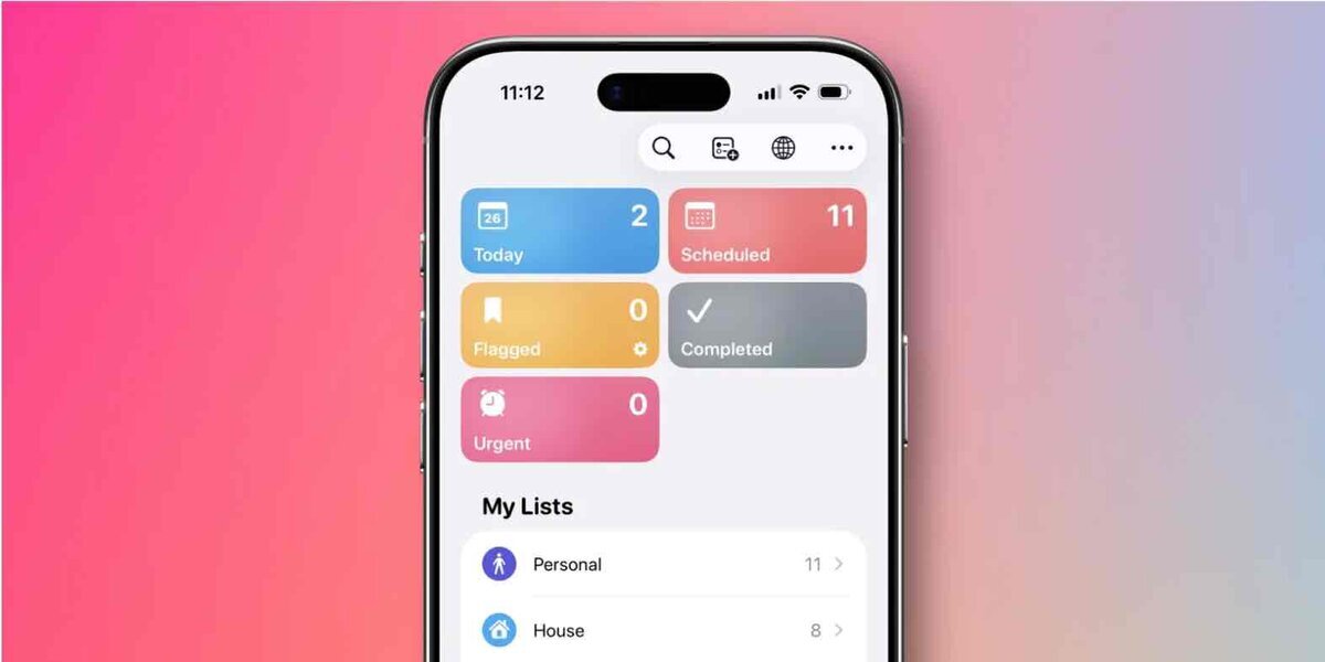 iPhoneのリマインダーアプリ画面でToday、Scheduled、Flagged、Completed、Urgentのスマートリストが表示されている画面