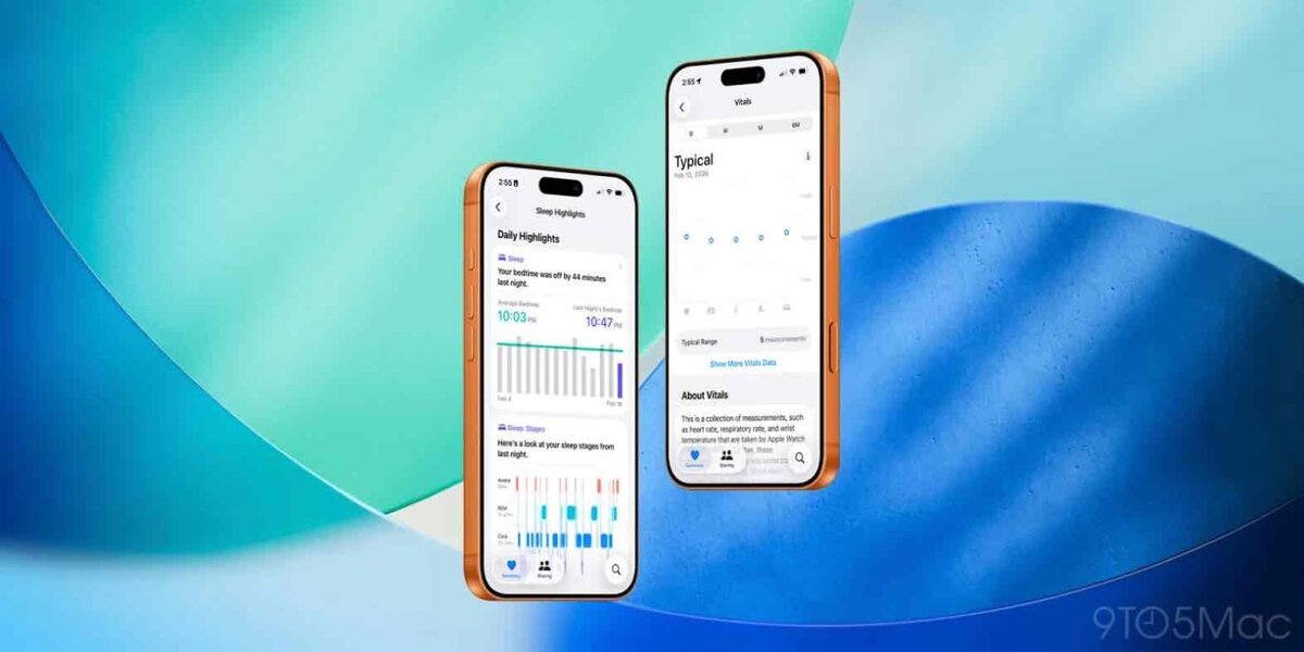 iPhoneのヘルスケアアプリで睡眠ハイライトとVitals(バイタル)データの画面を表示している様子