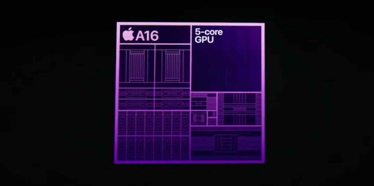 Apple A16 Bionicチップのダイ構成図。中央上部に「A16」のロゴ、右上に「5-core GPU」の表記が確認できる