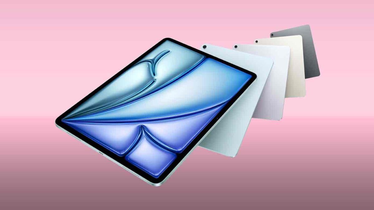 ブルーの壁紙を表示したiPadが、複数のカラーバリエーション（シルバー、ブルー、ゴールド、グレー）で重なって並ぶイメージ