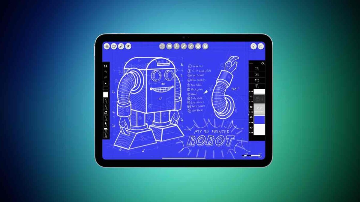 ロボットの設計図を描いたアプリ画面を表示するiPadのイメージ