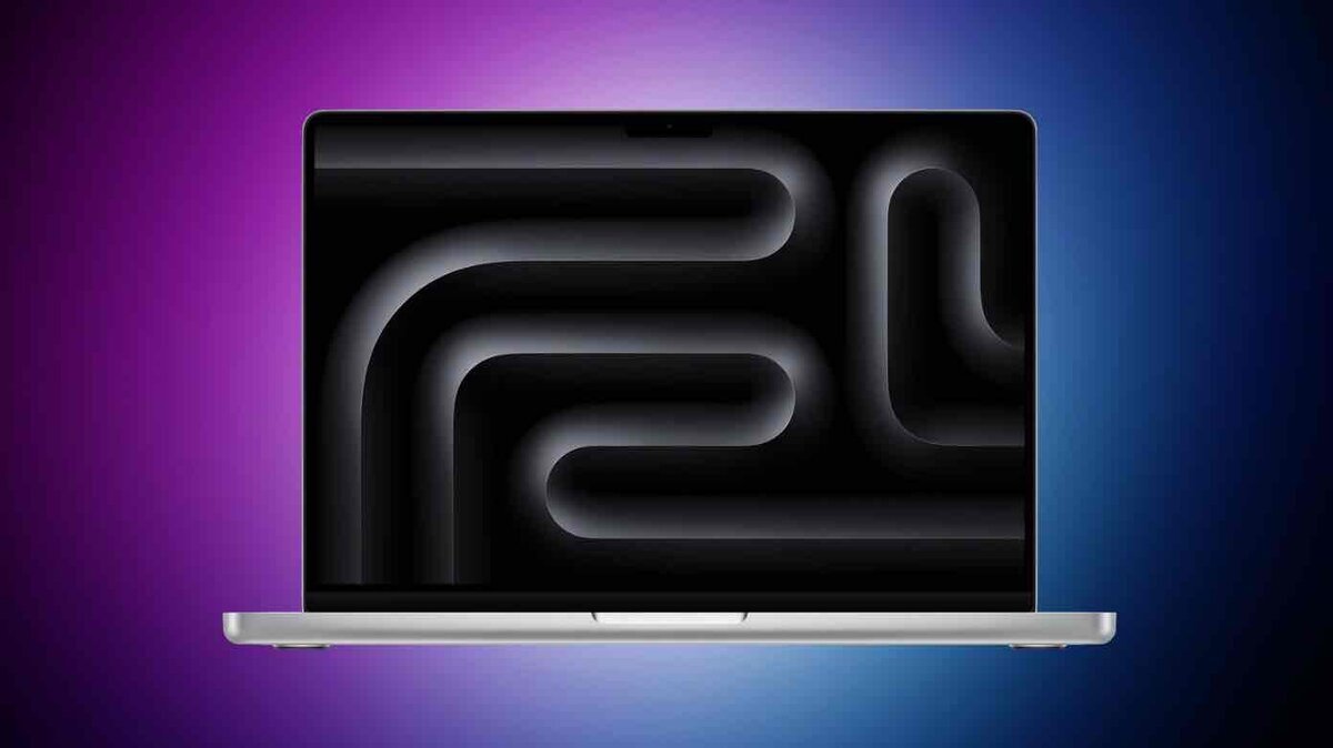 紫とブルーのグラデーション背景に、抽象的な黒い壁紙を表示したMacBookの正面イメージ