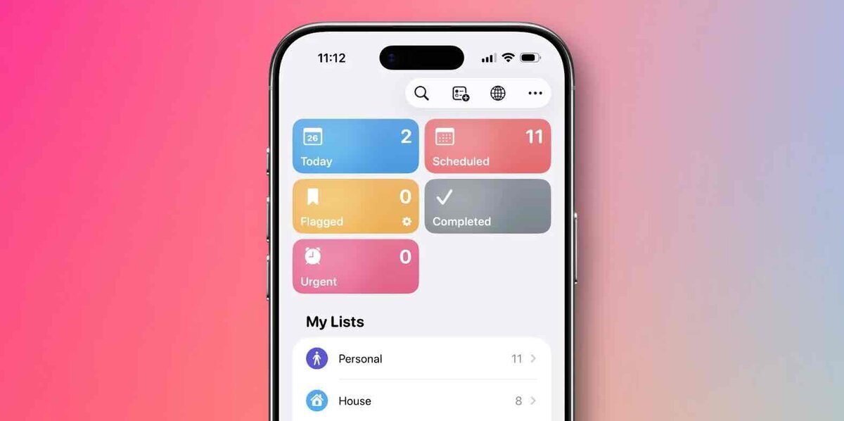 iOS 26.4のリマインダーアプリ画面。上部に「Today」「Scheduled」「Flagged」「Completed」に加えて、ピンク色の「Urgent」スマートリストが表示されているiPhoneのスクリーンショット