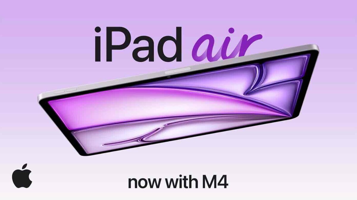 薄紫色の背景に、斜めに浮かぶパープルカラーのiPad Air本体。上部に「iPad air」、下部に「now with M4」の文字とAppleロゴが配置されている