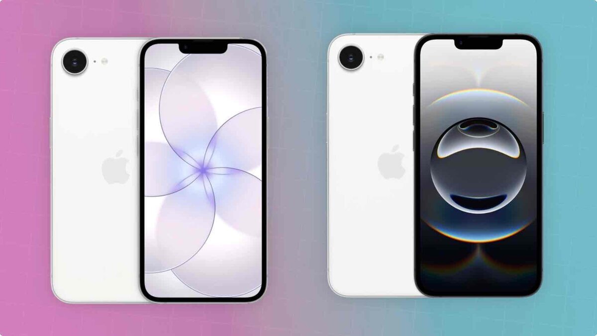 白の筐体にシングルカメラを搭載したiPhoneの背面と、ノッチ付きのフルディスプレイを搭載したiPhoneの前面を並べた比較イメージ