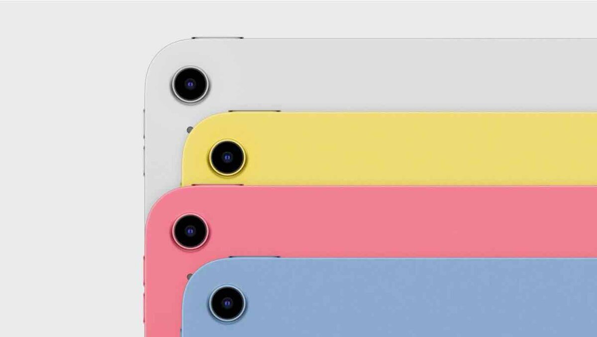 iPad(第10世代)の背面カメラ部分と、シルバー、イエロー、ピンク、ブルーの4色のカラーバリエーション