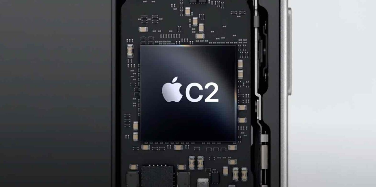 Apple C2モデムチップが載った基板のイメージ。Apple製セルラー通信チップを表現したビジュアル