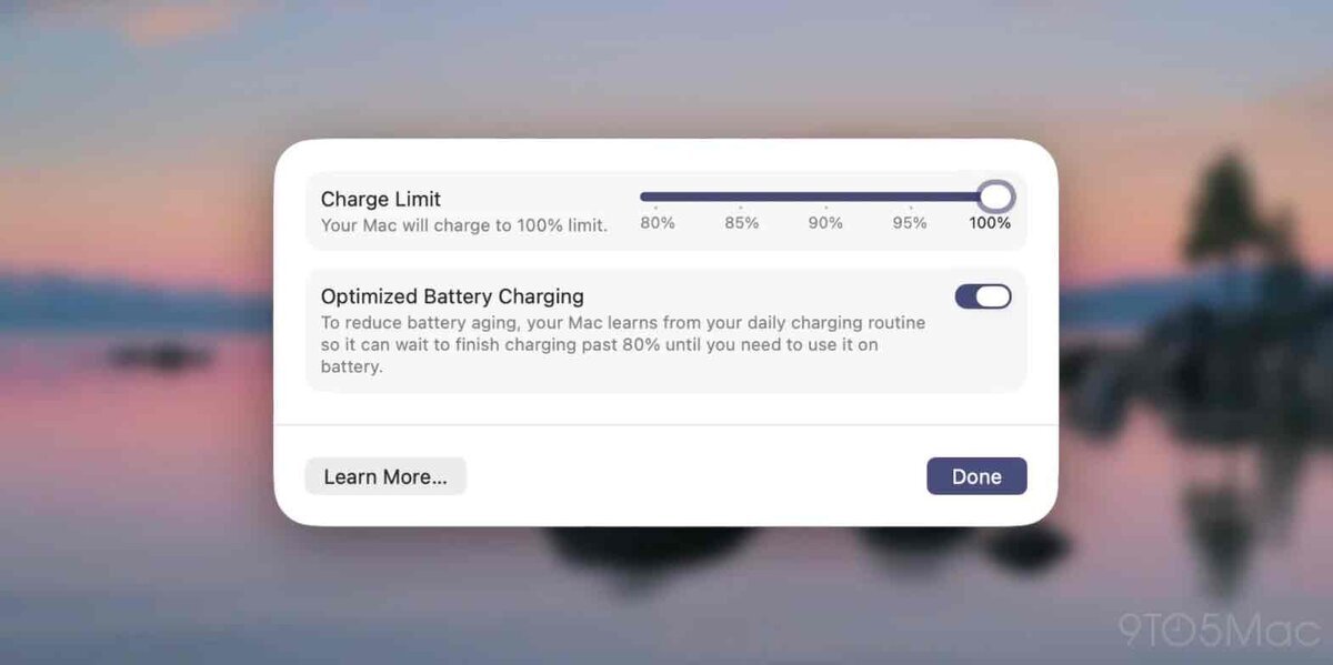 macOS 26.4で追加されるMacのバッテリー充電制限（Charge Limit）設定画面。80%〜100%まで充電上限を調整できる新機能
