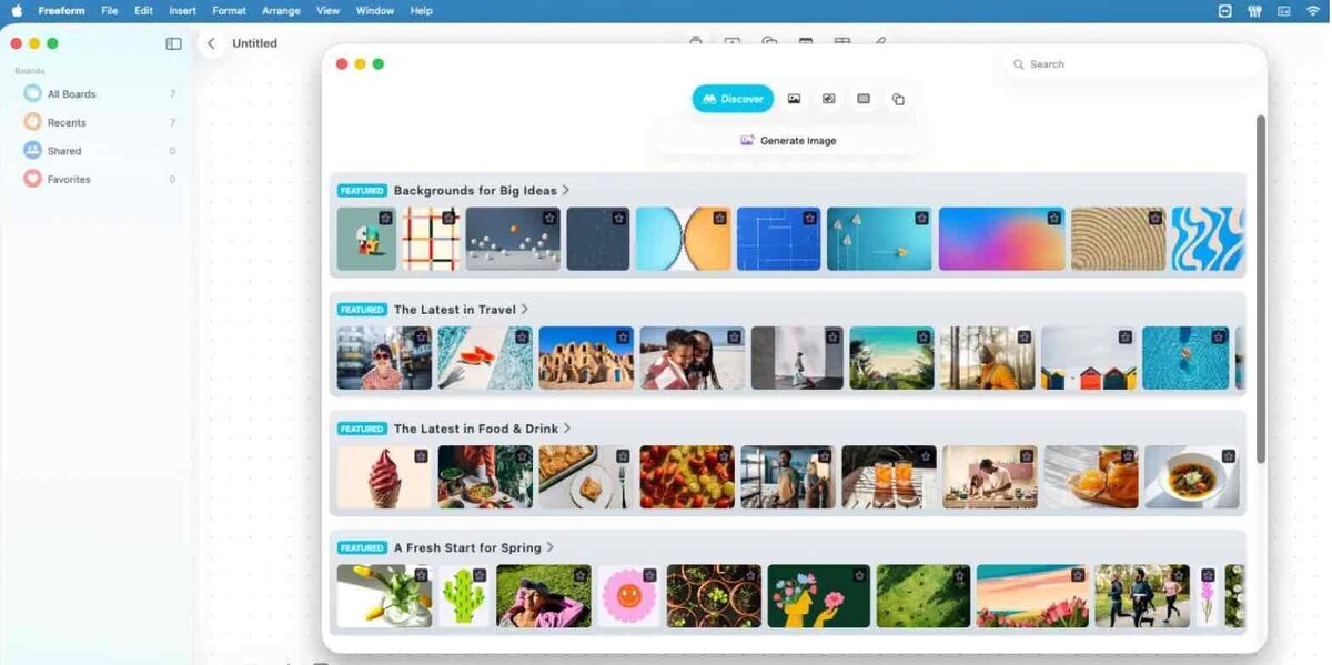 macOS Freeformの画像生成と素材ライブラリ画面。AIで画像を作成できる新しいDiscover機能