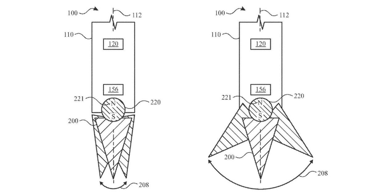 Apple Pencil特許の模式図。筆のように先端が分かれて開き、描画角度に応じて接地形状が変化する仕組みを示した図