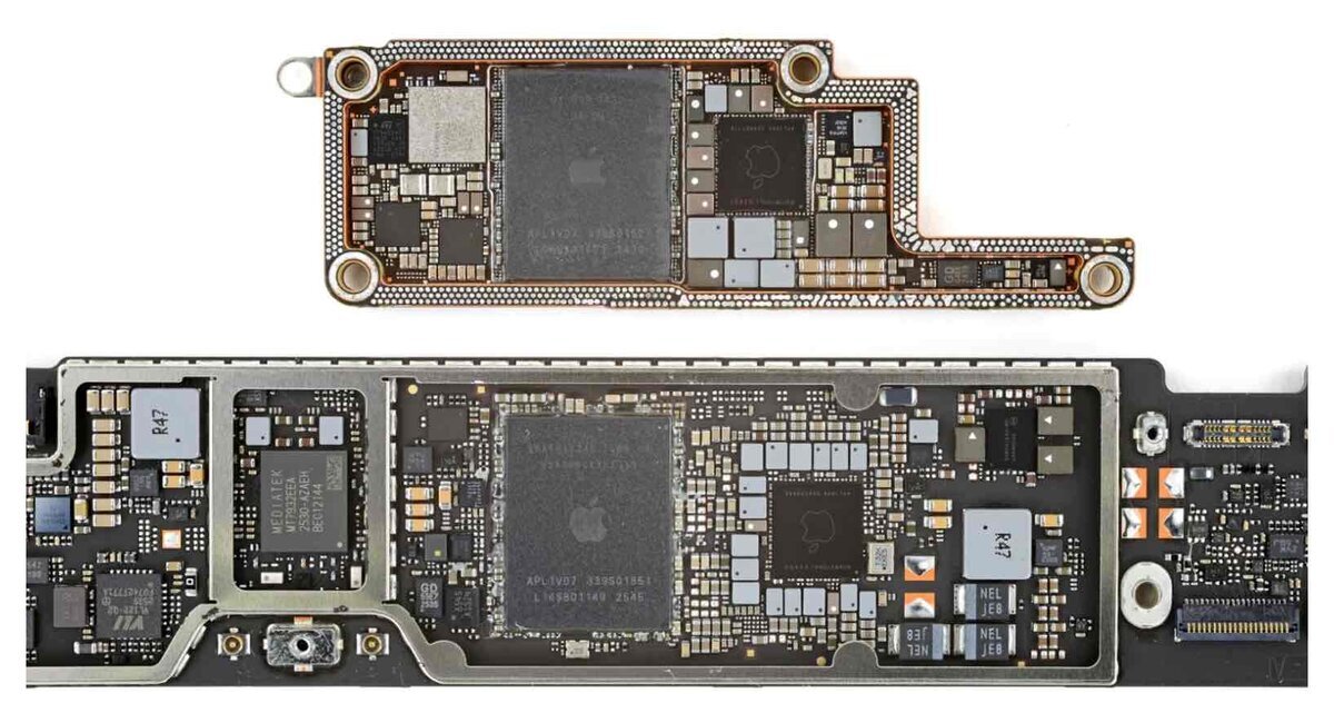 MacBook NeoとiPhone 16 Proのロジックボード比較。A18 Proチップを搭載した両デバイスの基板サイズと構造の違い