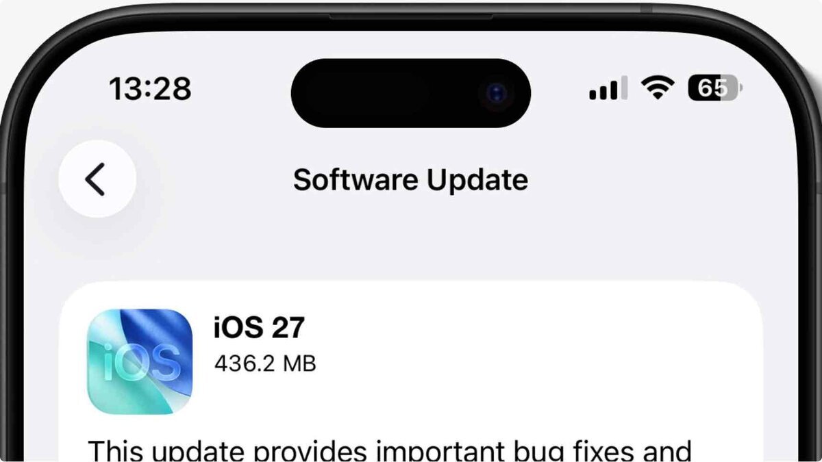 iPhoneのソフトウェアアップデート画面に表示されたiOS 27。更新サイズは436.2MBで、不具合修正を含むアップデート内容が案内されている