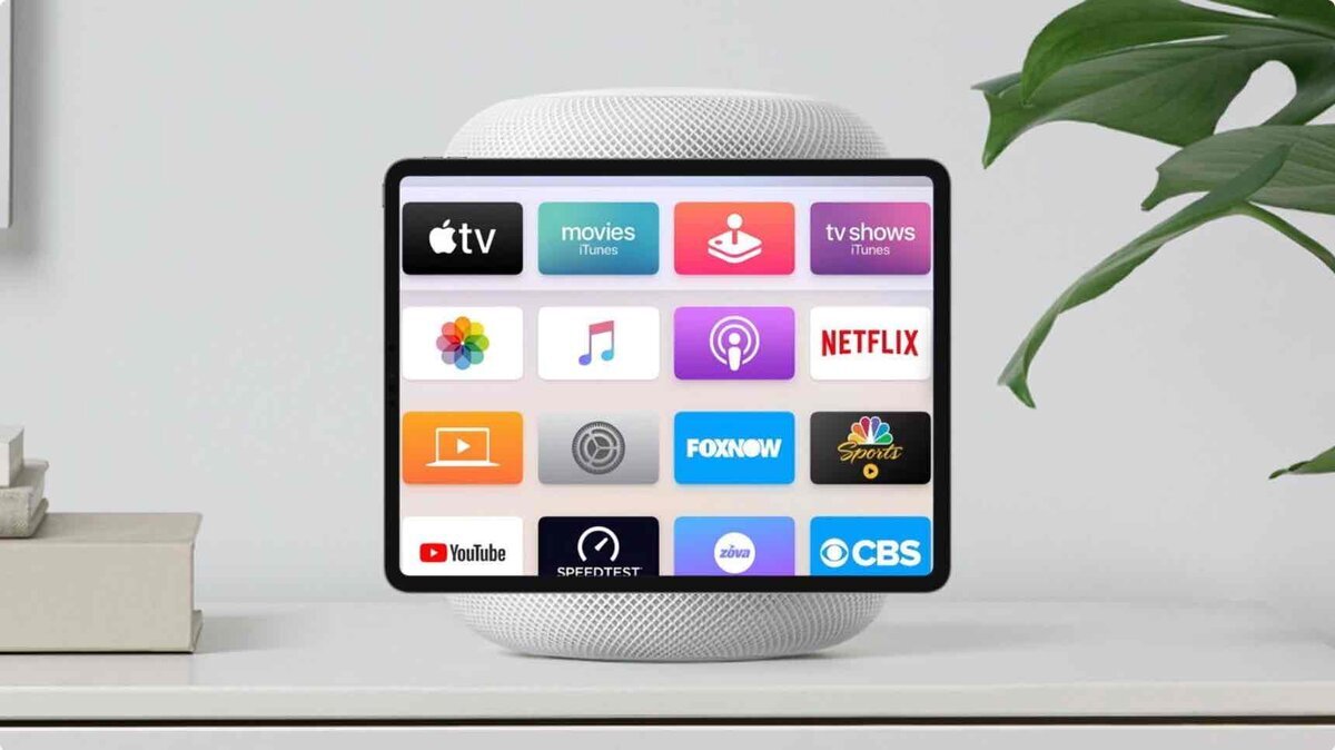 Appleのスマートホームデバイスのコンセプトイメージ。HomePodのような本体にディスプレイが付き、tvOSアプリが表示されている