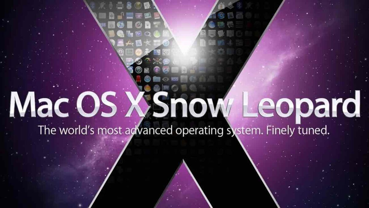 Mac OS X Snow Leopardの公式プロモーション画像。紫の宇宙背景に大きなXと「Mac OS X Snow Leopard」のロゴが表示された品質改善重視アップデートの象徴的ビジュアル