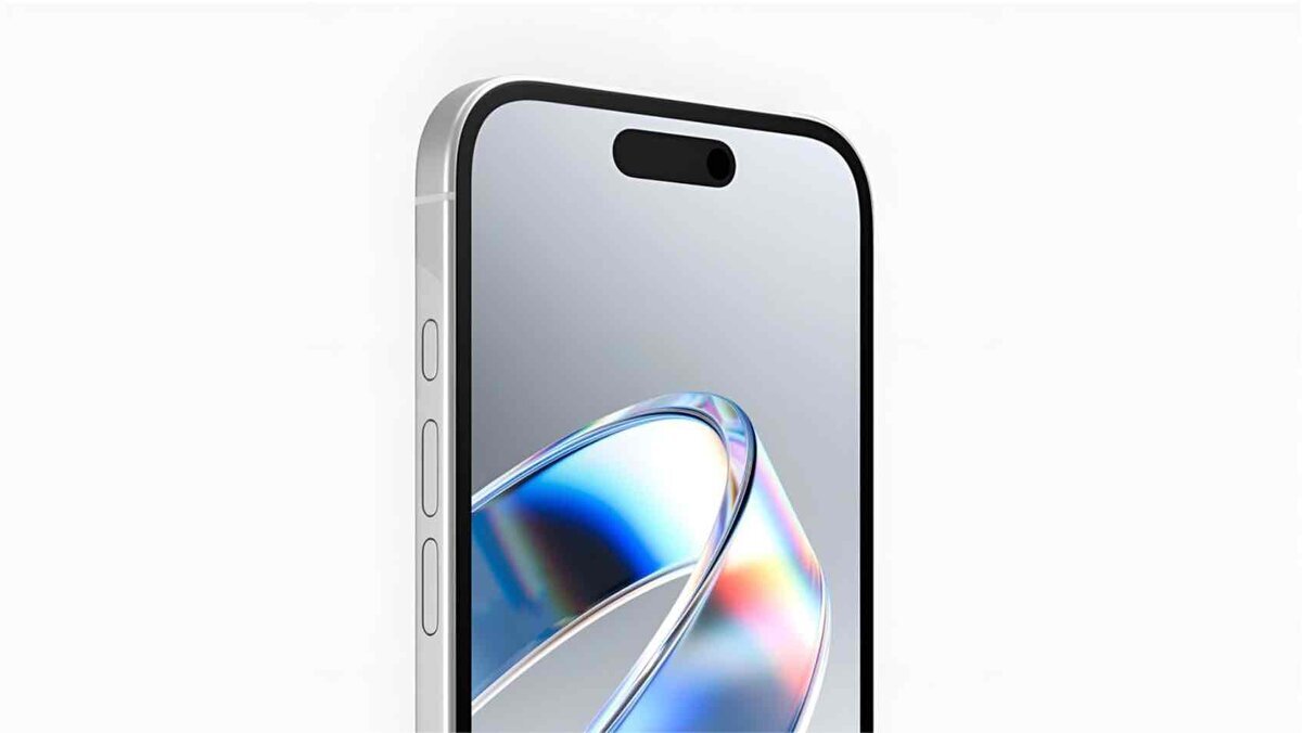 シルバーのチタニウムフレームを採用したiPhoneの左側面とディスプレイ上部のアップ。アクションボタン、音量調節ボタン、およびダイナミックアイランド(Dynamic Island)が確認できる