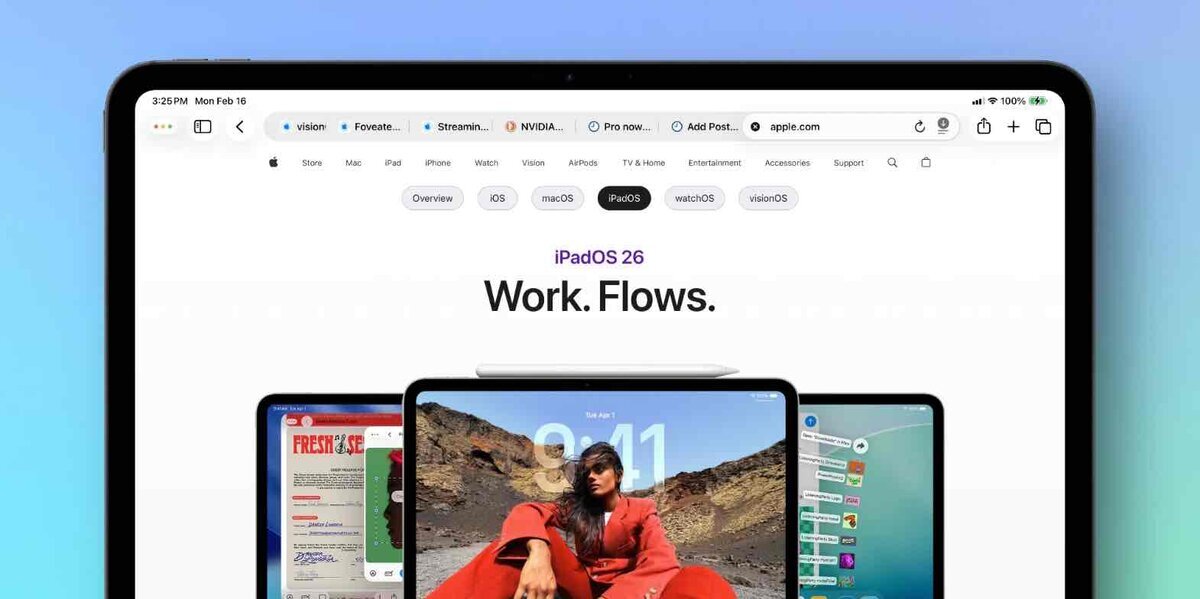 iPadOS 26の公式サイトをiPadで表示した画面。Safari上にAppleのiPadOS 26紹介ページと「Work. Flows.」の見出しが並ぶ