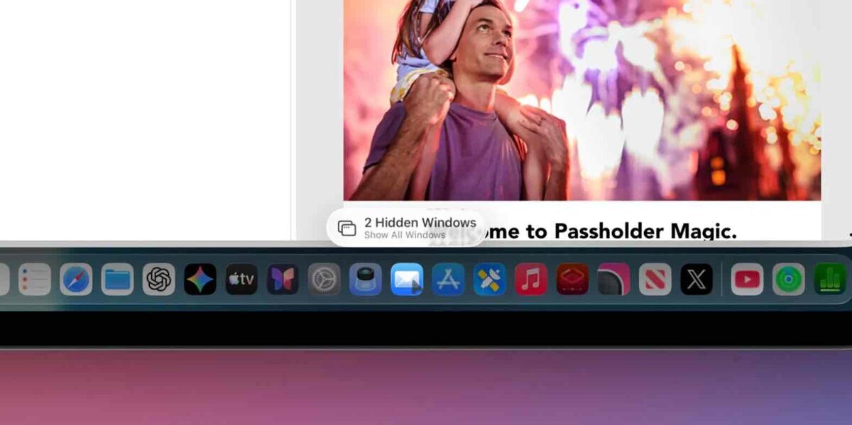 iPadOS 26の新機能Hidden WindowsのUI表示。複数ウィンドウをまとめて確認できるポップアップが画面下に出ている