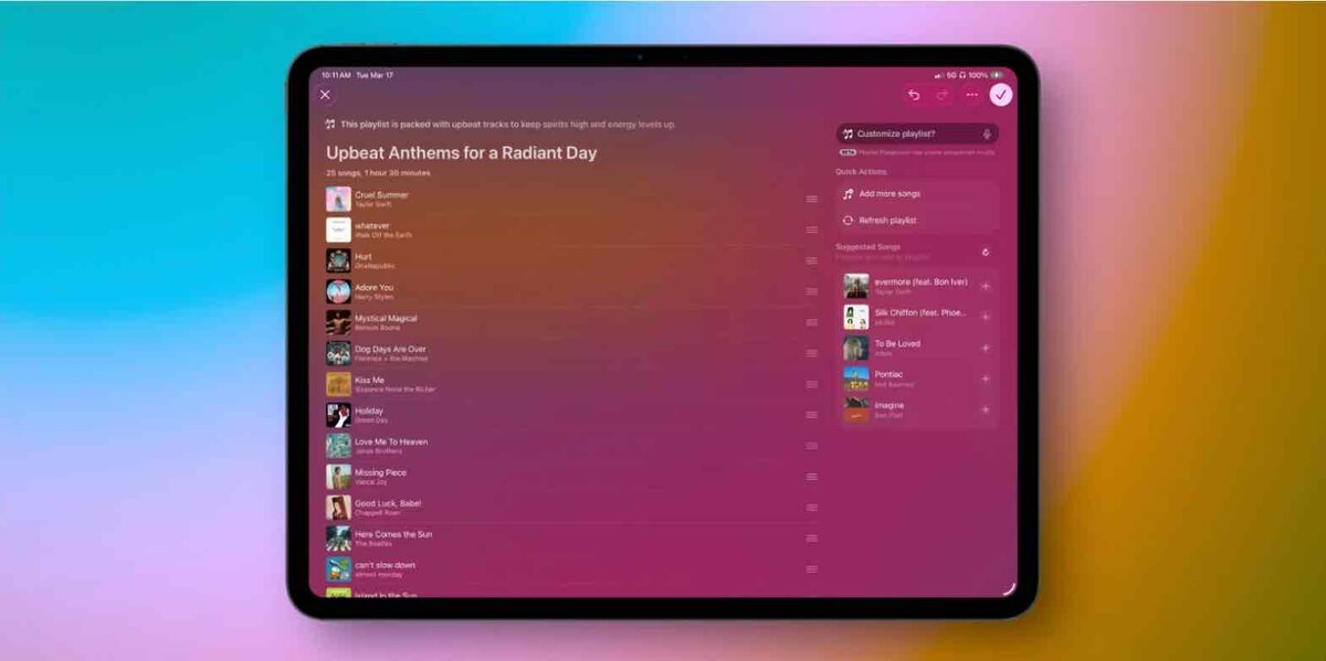 iPadOS 26のApple Music新機能Playlist Playgroundの画面。AIが作成したプレイリストをカスタマイズしている様子
