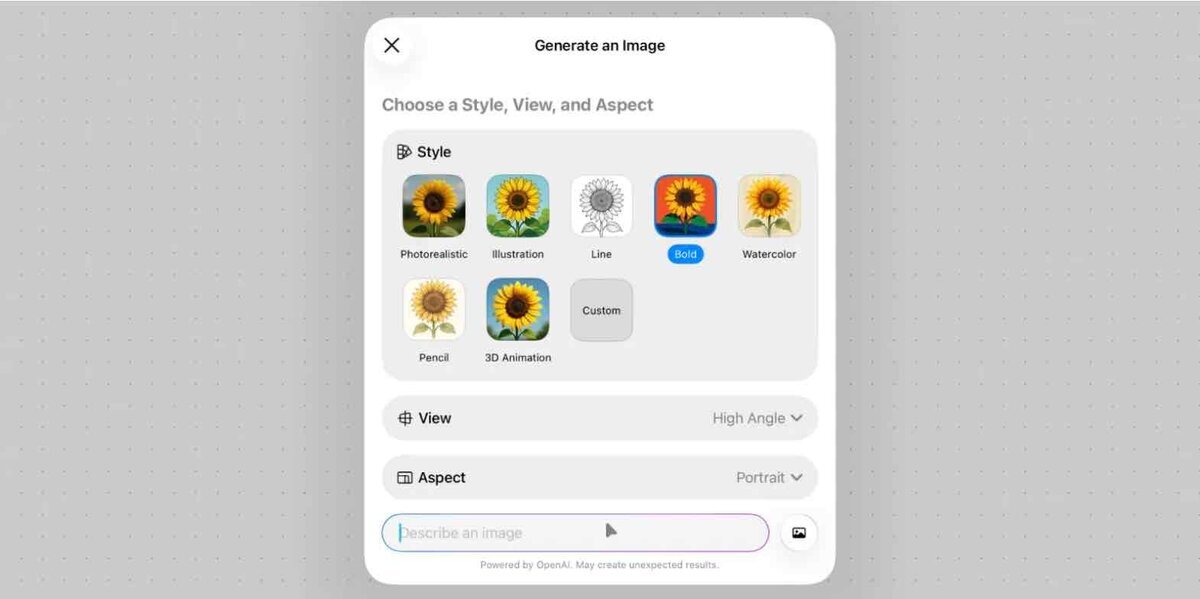 iPadOS 26のFreeform新機能で画像生成を行う画面。スタイルやアスペクト比を選択できるUIが表示されている