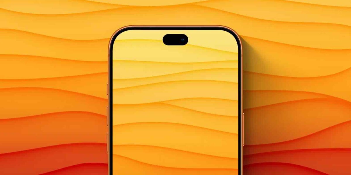 オレンジのグラデーション背景の前に配置されたiPhoneの正面。画面上部中央にDynamic Islandがあり、ベゼルは細く、シンプルな壁紙が表示されている