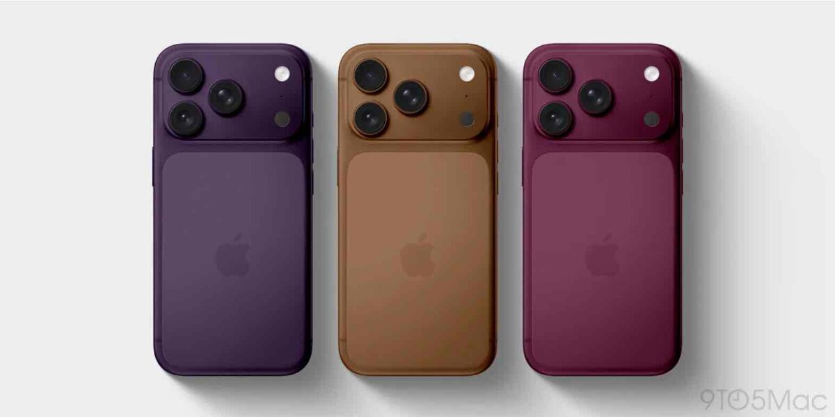 パープル・コーヒーブラウン・バーガンディの3色で並んだiPhoneの背面デザイン。上部はカメラ部分、下部は色味が少し異なるツートン風の仕上がりで、トリプルカメラとフラッシュが配置されている