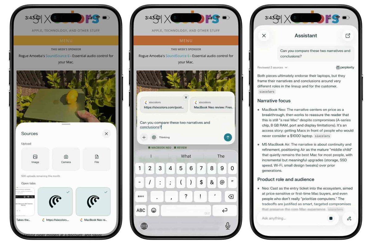 PerplexityのAIブラウザ「Comet」iPhone版のアシスタント機能。複数記事を読み込み、比較・要約・分析を行うUI画面