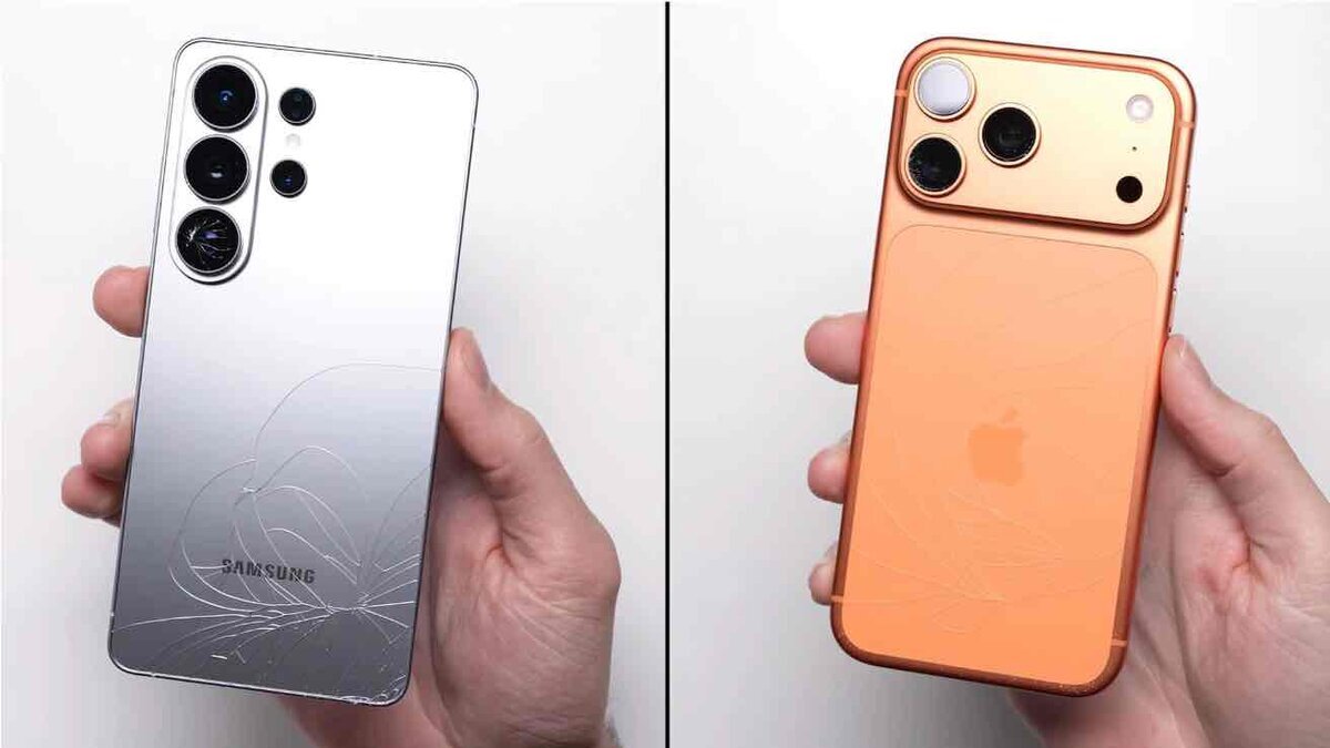 iPhone 17 Pro MaxとGalaxy S26 Ultraの背面ガラス破損を比較した耐久テスト画像