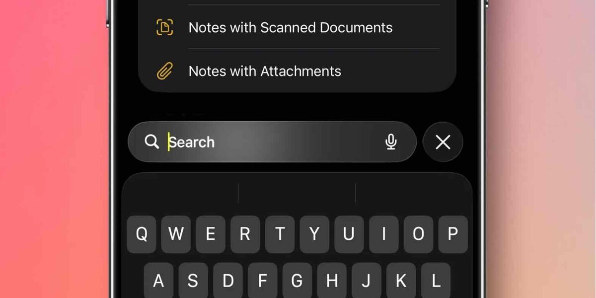 iOS 26のLiquid Glassデザインによる検索バーとキーボード表示画面（視覚効果のハイライト表現の例）