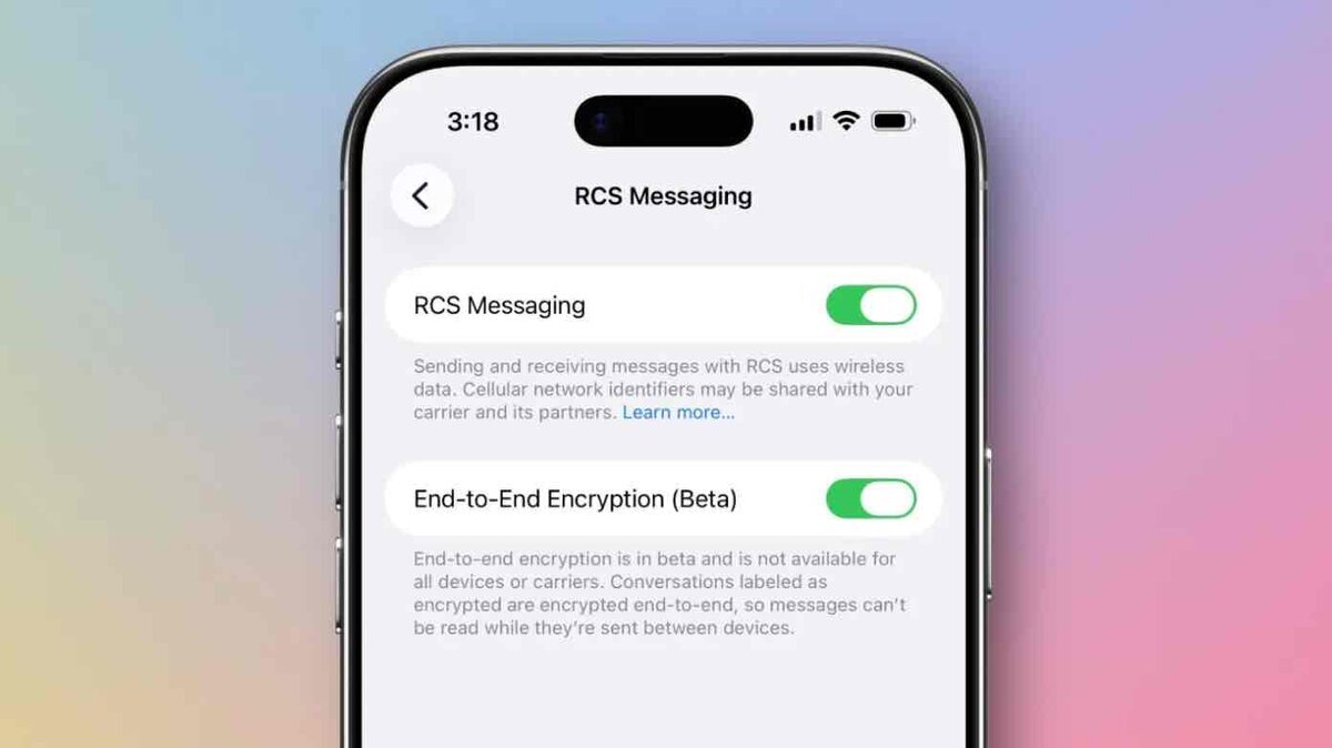 iPhoneの設定アプリに表示されたRCS Messagingの設定画面。End-to-End Encryption（E2EE）のトグルが有効になっているiOS 26.5 beta 1のRCS暗号化対応例