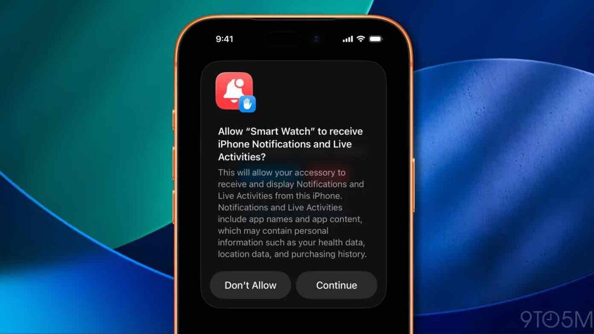 サードパーティ製スマートウォッチがiPhoneの通知とライブアクティビティを受信できるようになる許可ダイアログ画面。iOS 26.5 beta 1で追加されたEU向け相互運用機能の例