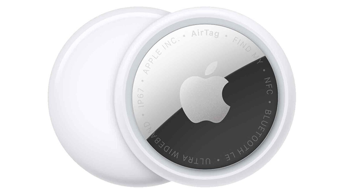 Appleロゴが中央に刻印された、円形で白とシルバーのデザインの紛失防止トラッカー「AirTag」の表面と背面